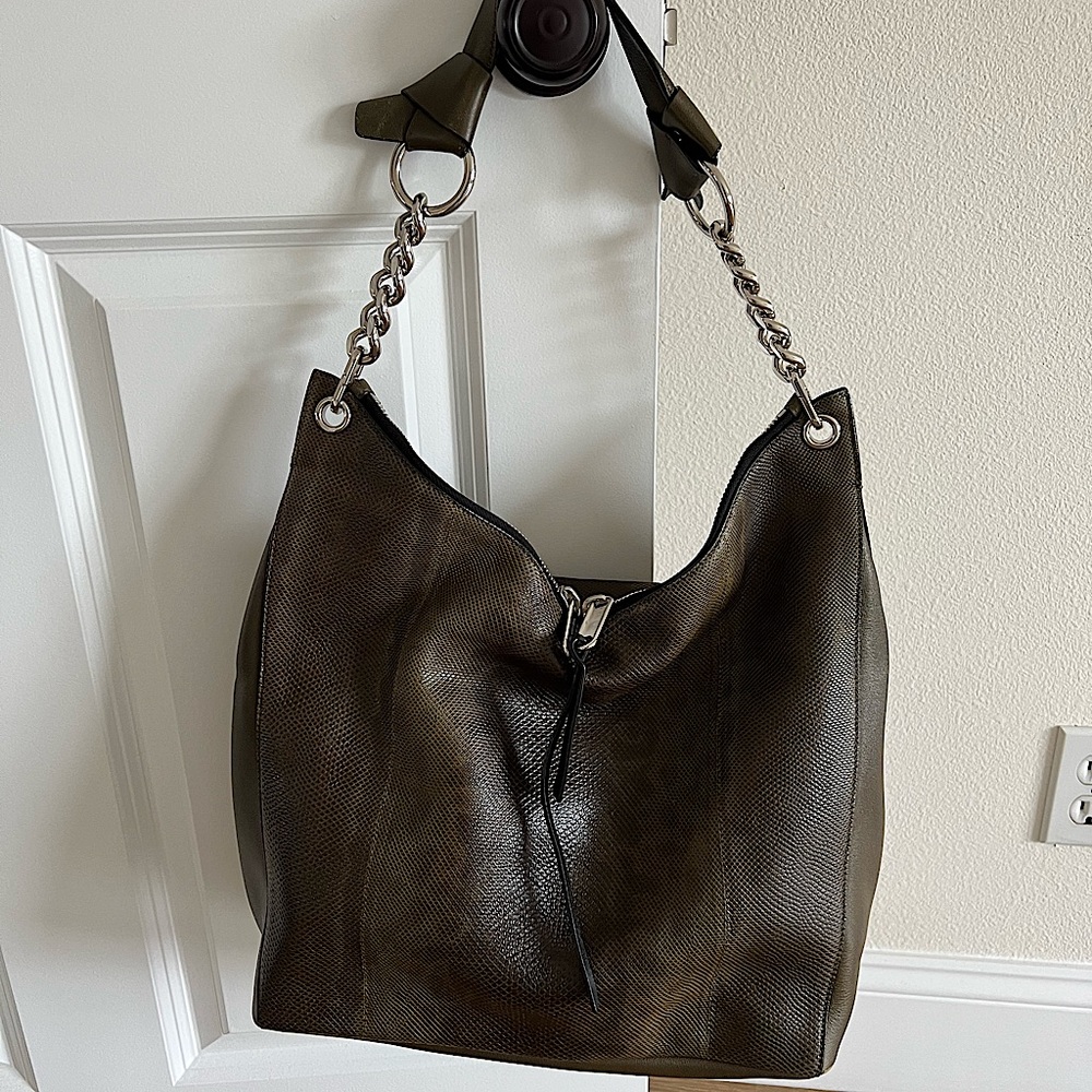 Jimmy Choo Raven snakeskin leather shoulder bag in Moss color.